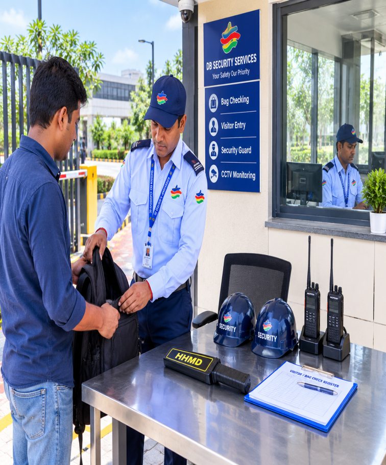 Guard checking a visitor's bag at the security desk