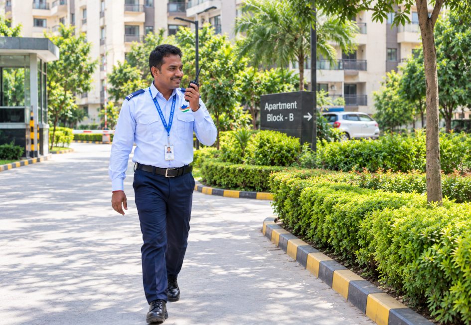 Guard patrolling an apartment complex with a radio