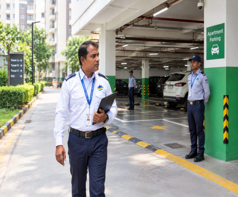 Security supervisor monitoring the site with guards on duty